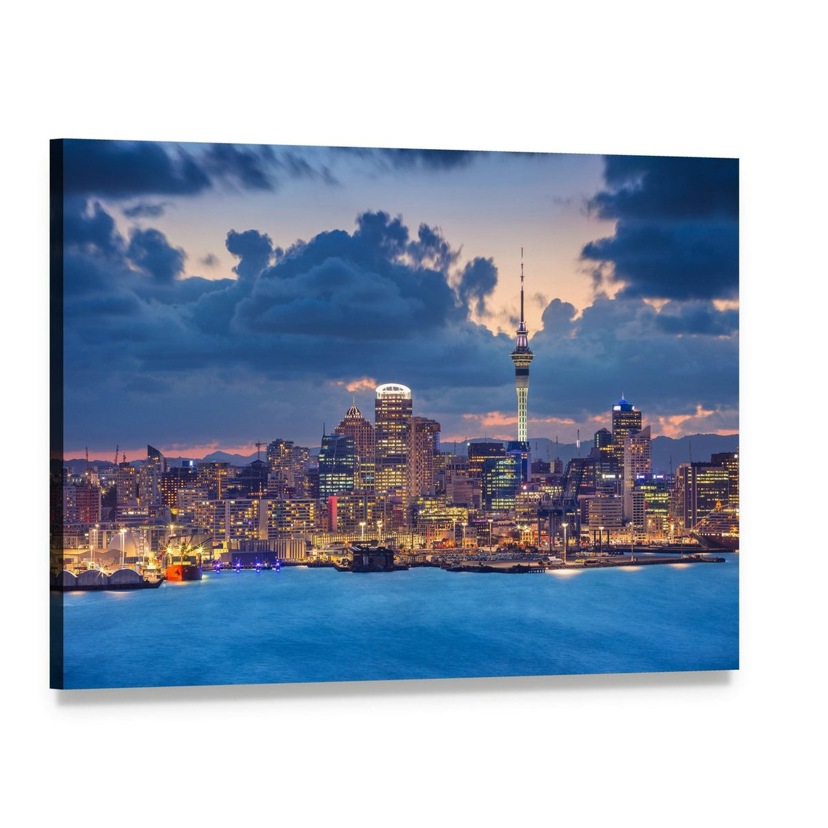 Auckland Skyline at Sunset Canvas Wall Art, single panel gallery wrapped canvas, angled product view