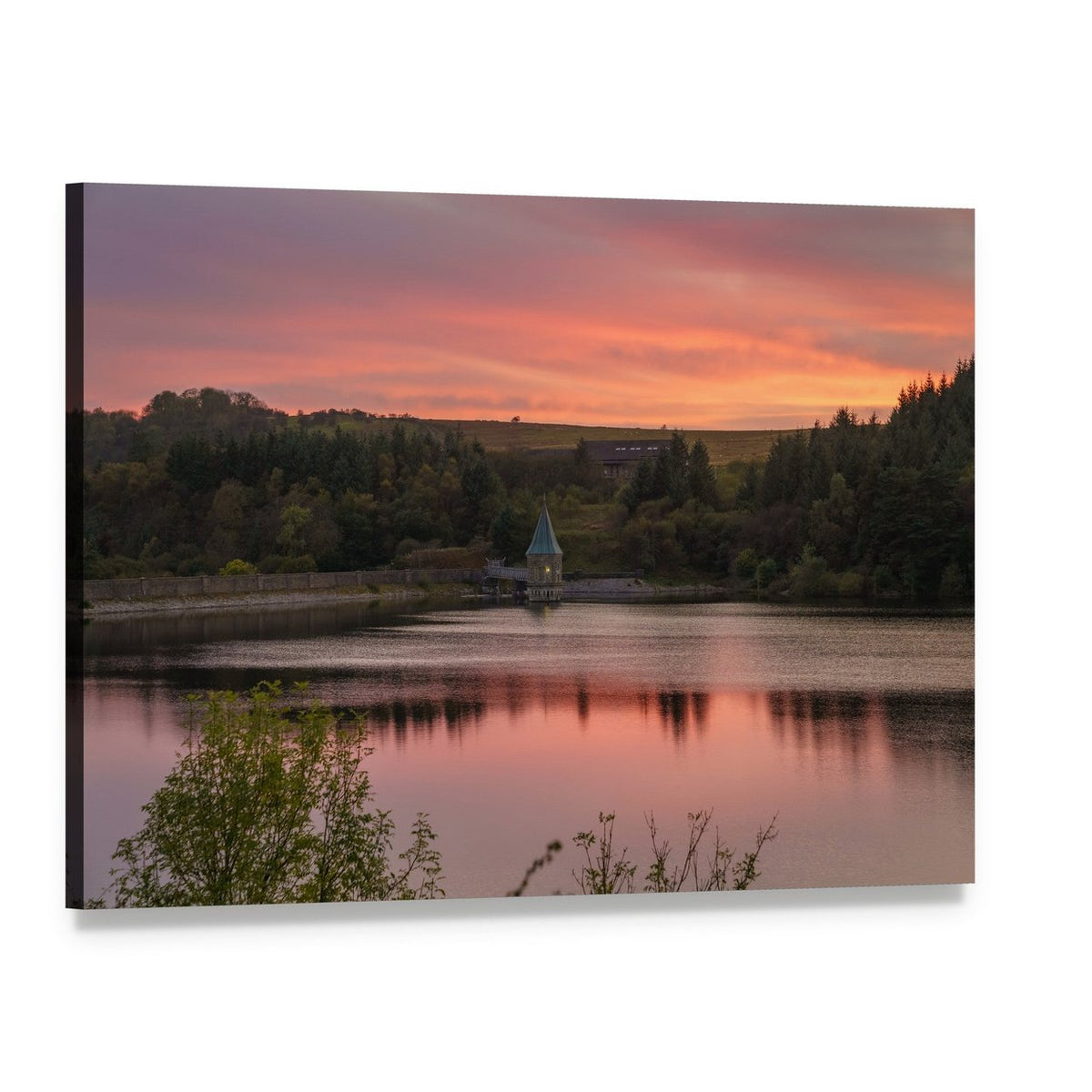 Sunset Over Reservoir with Tower Canvas Wall Art, single panel gallery wrapped canvas, angled product view