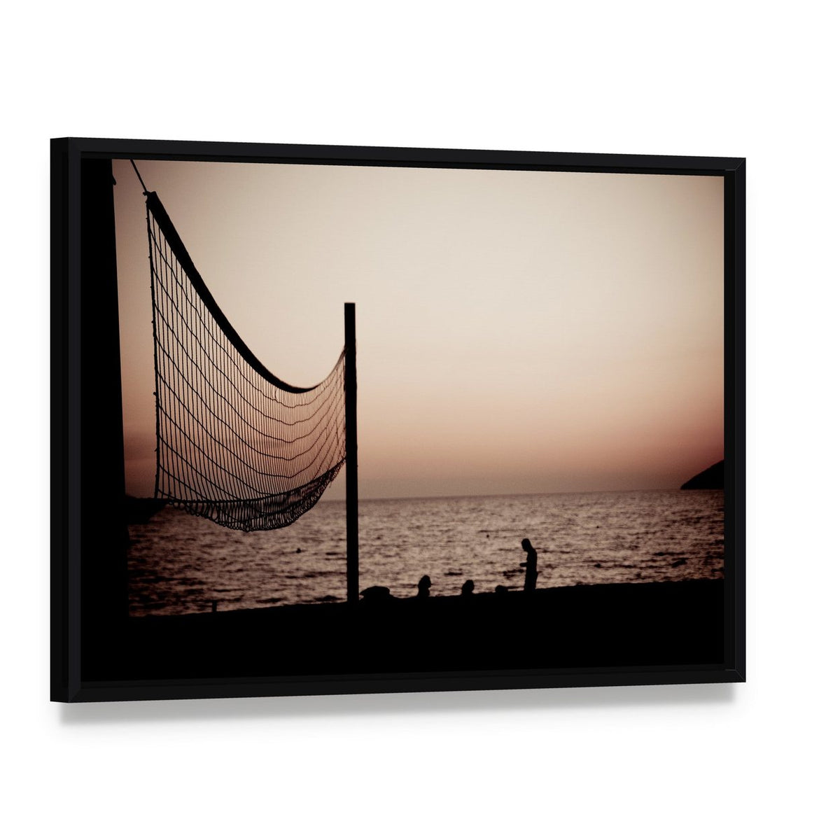 Volleyball Net on Croatian Beach Canvas Wall Art, framed canvas in a black floater frame, angled product view