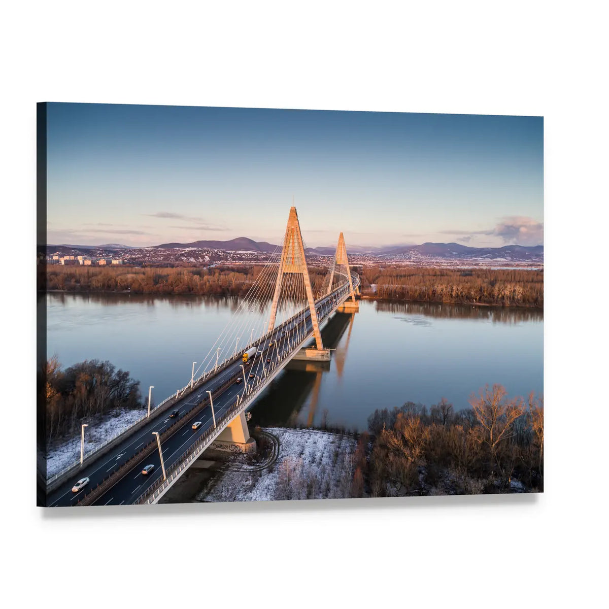 Megyeri Bridge Over River Canvas Wall Art, single panel gallery wrapped canvas, angled product view