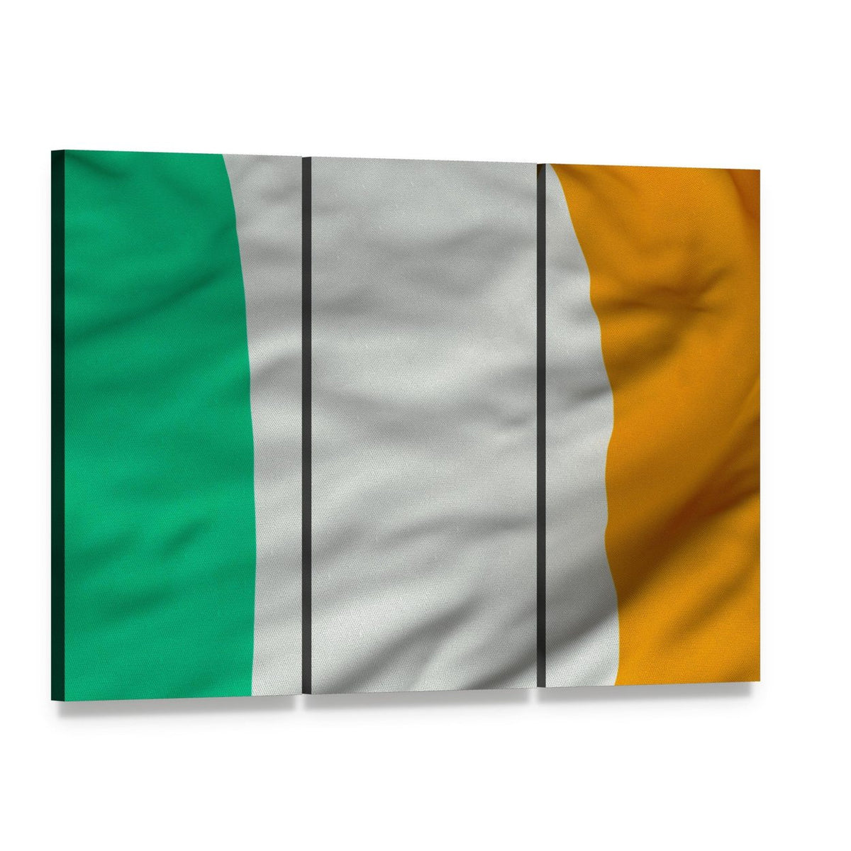 Waving Irish Flag Close-up Canvas Wall Art, 3 panel 3 Horizontal layout gallery wrapped canvas set, angled product view