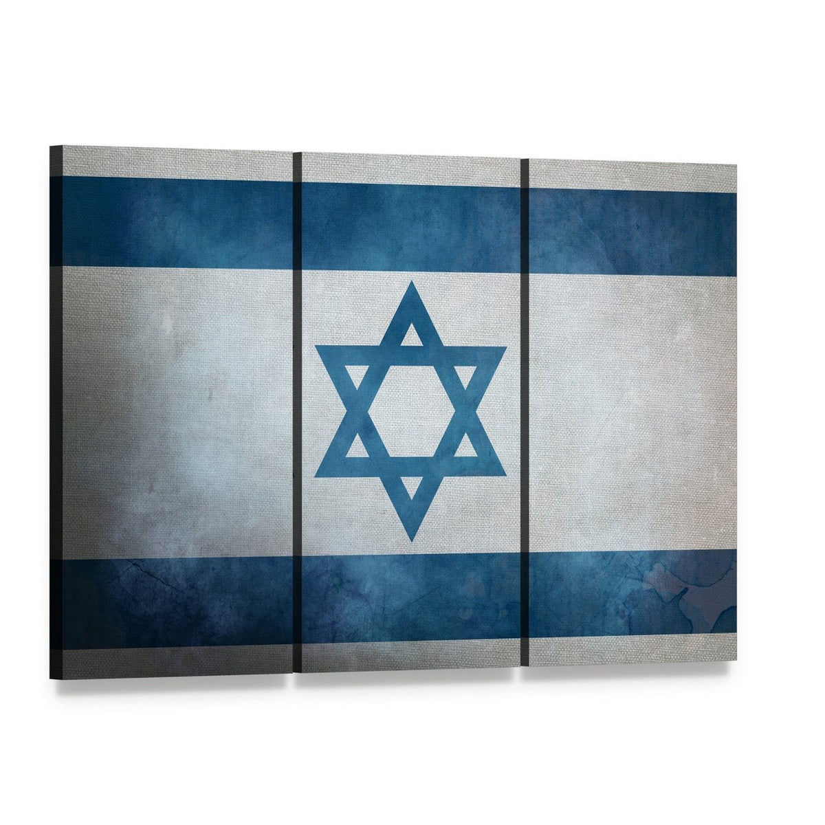 Grunge Israeli Flag Canvas Wall Art, 3 panel 3 Horizontal layout gallery wrapped canvas set, angled product view