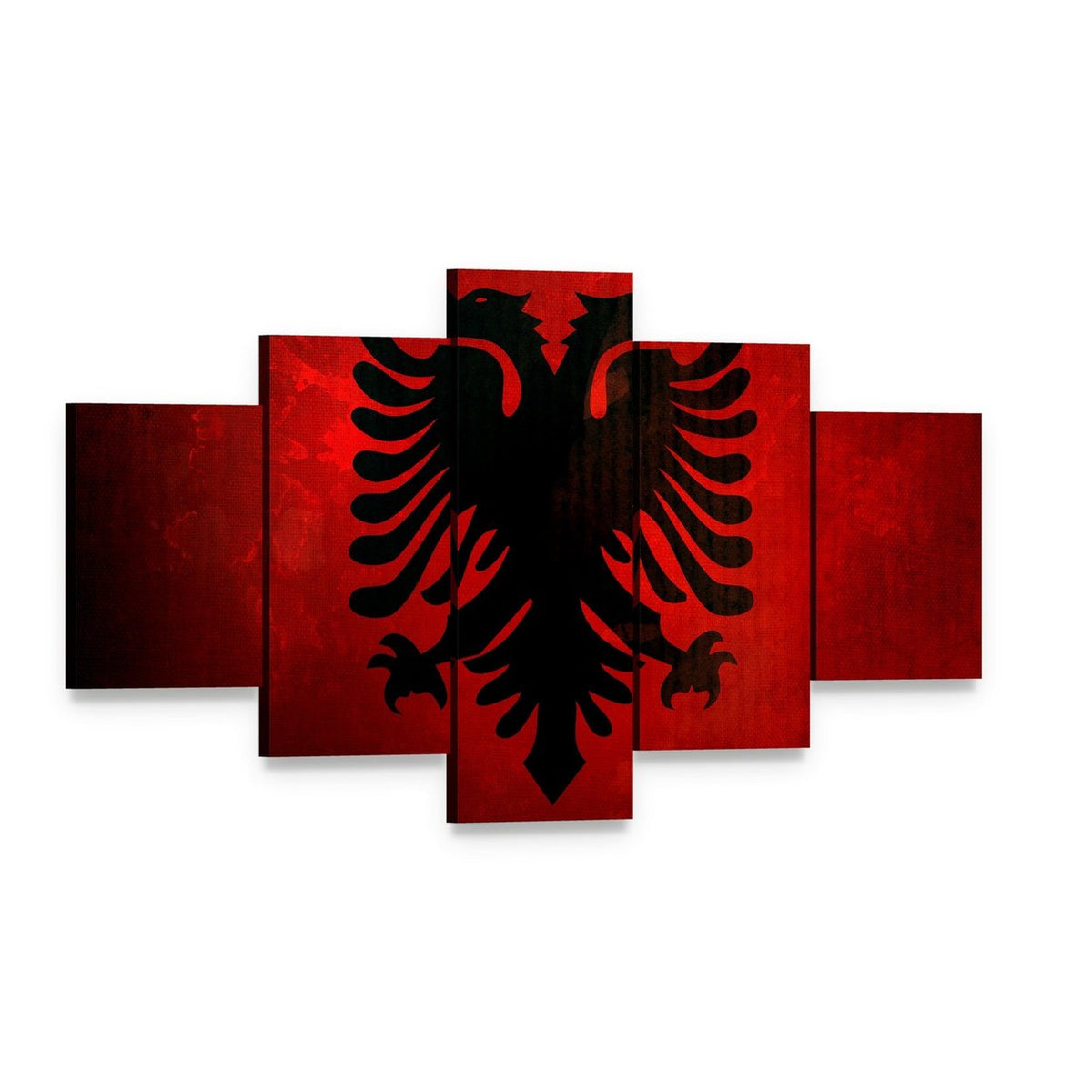 Distressed Albanian Flag with Double-headed Eagle Canvas Wall Art, 5 panel 5 Star layout gallery wrapped canvas set, angled product view