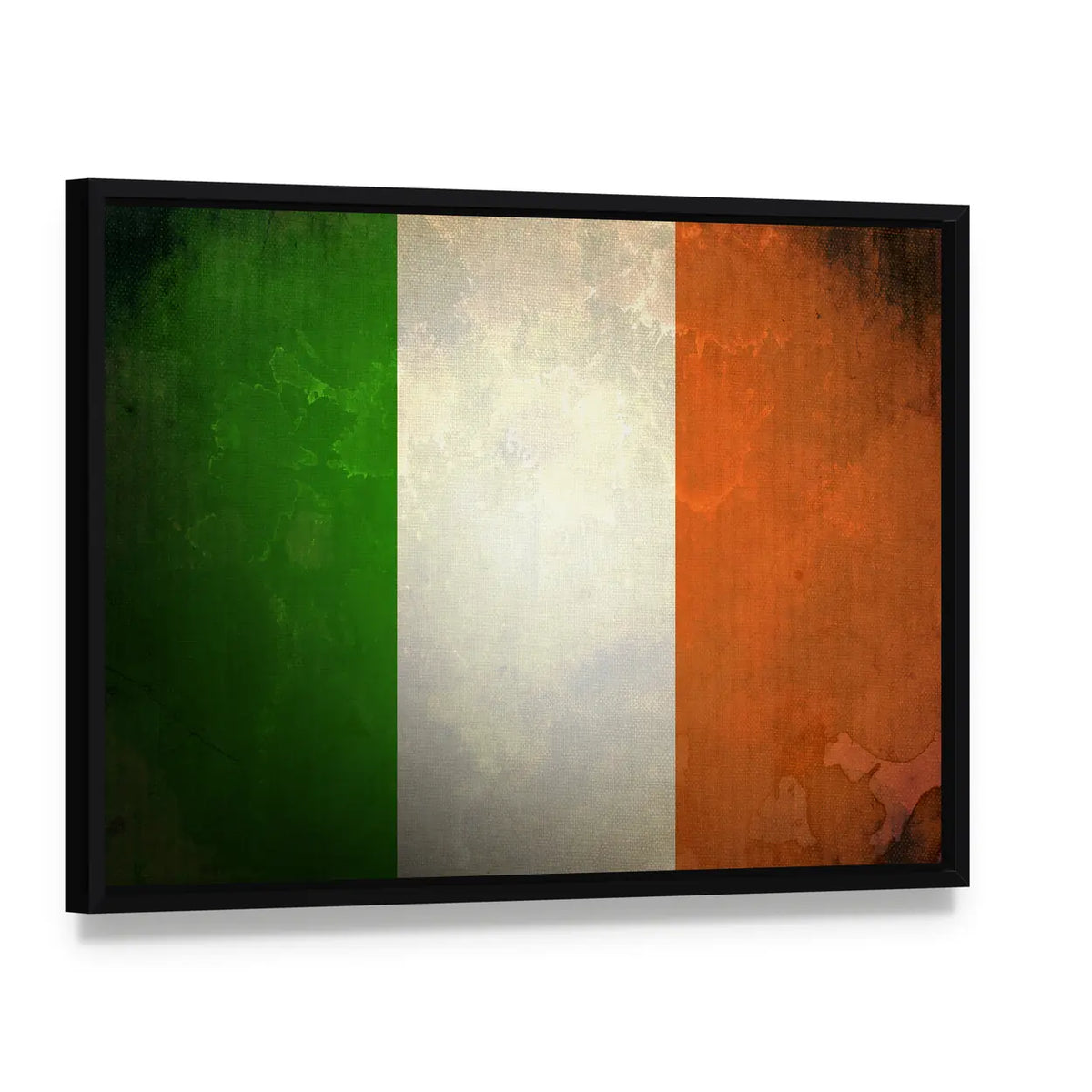 Grunge Irish Flag Canvas Wall Art, framed canvas in a black floater frame, angled product view