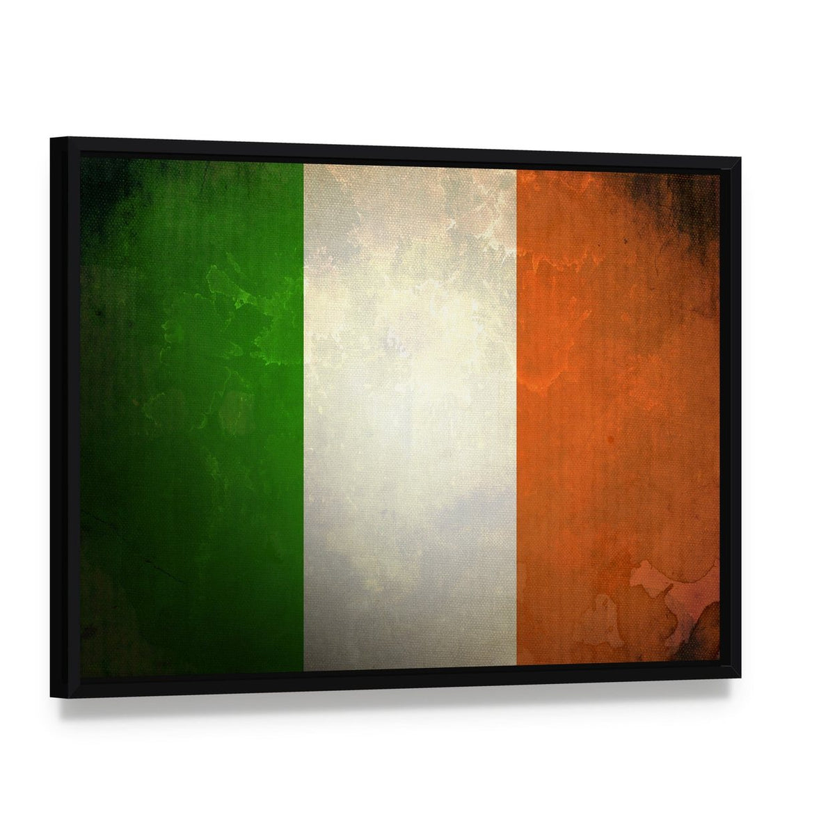 Grunge Irish Flag Canvas Wall Art, framed canvas in a black floater frame, angled product view