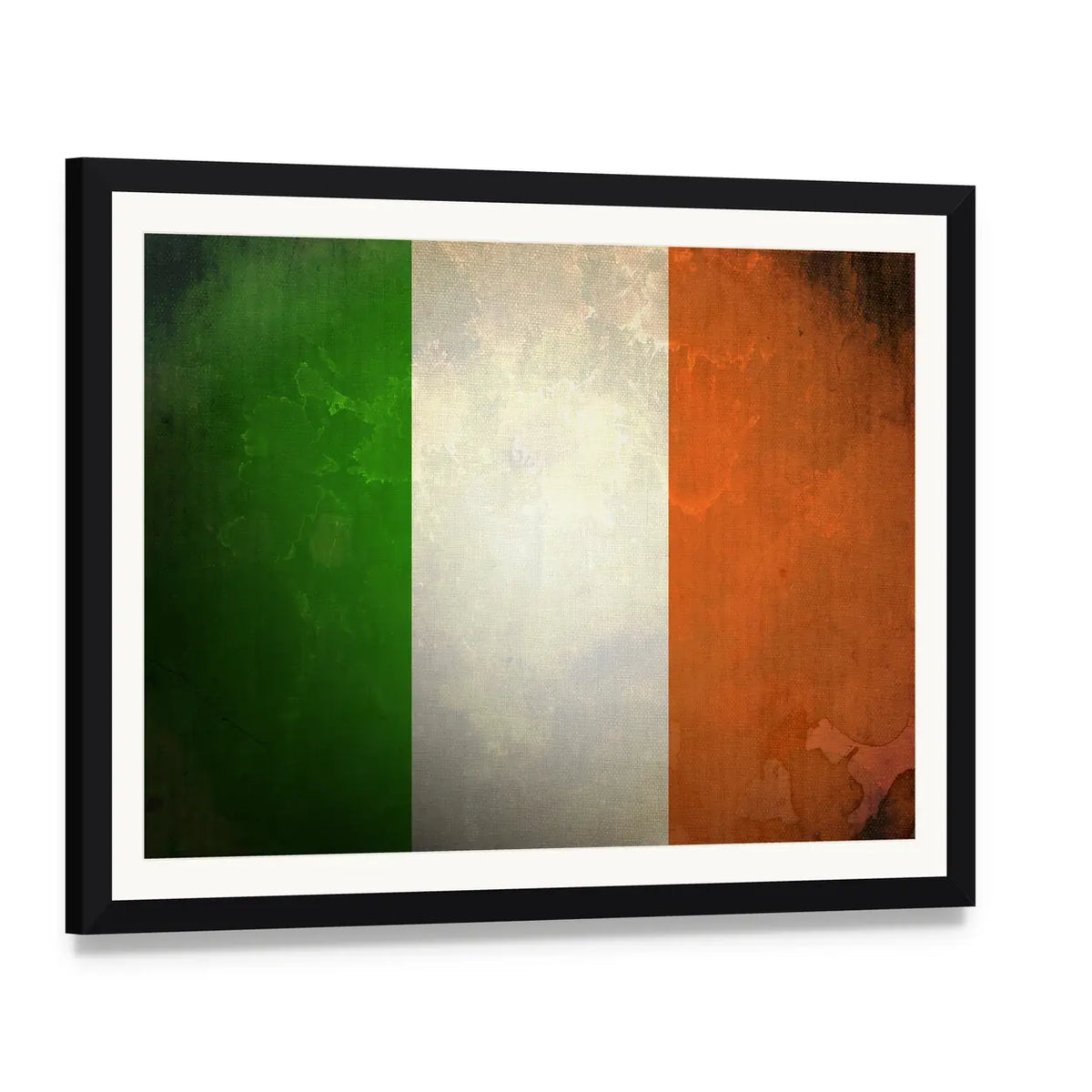 Grunge Irish Flag Canvas Wall Art, framed print with white mat and black frame, angled product view