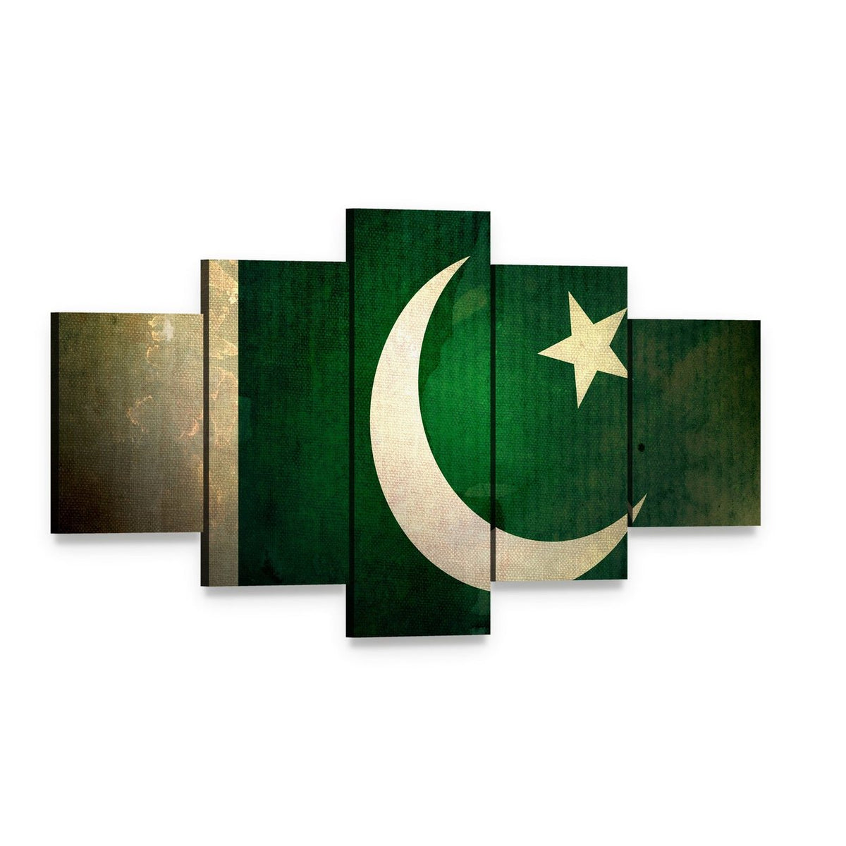 Pakistan Flag with Grunge Texture Canvas Wall Art, 5 panel 5 Star layout gallery wrapped canvas set, angled product view