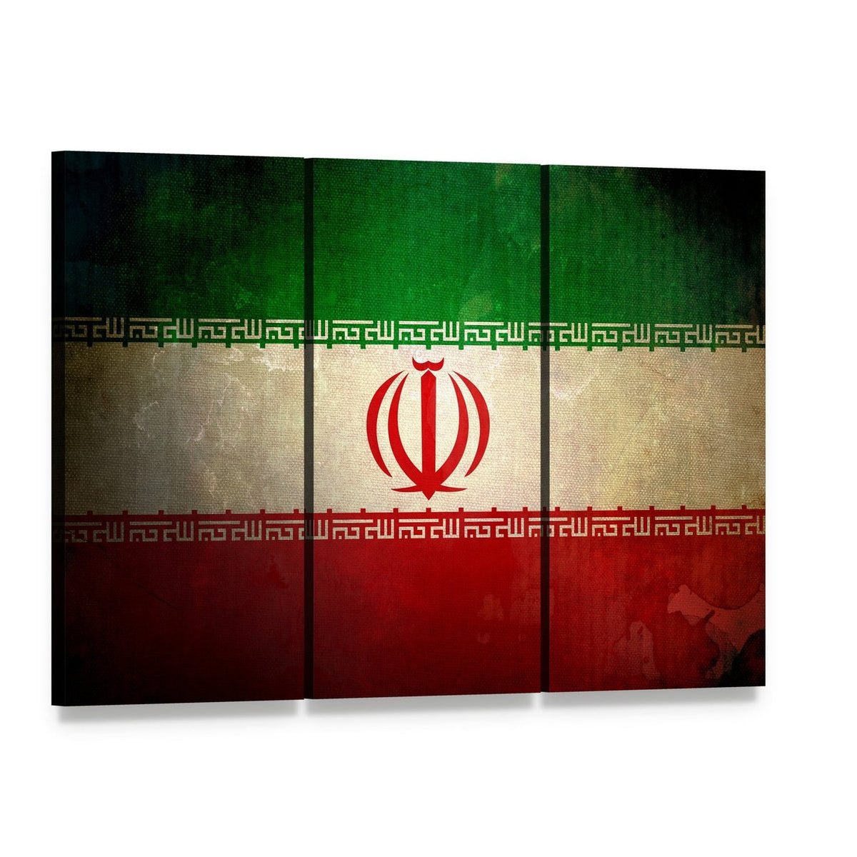 Grunge Iran Flag Canvas Wall Art, 3 panel 3 Horizontal layout gallery wrapped canvas set, angled product view