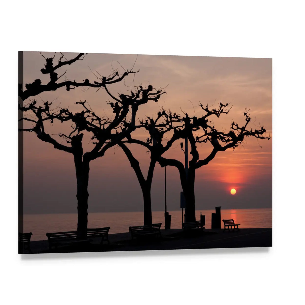 Sunset Over Lake with Empty Benches Canvas Wall Art, single panel gallery wrapped canvas, angled product view