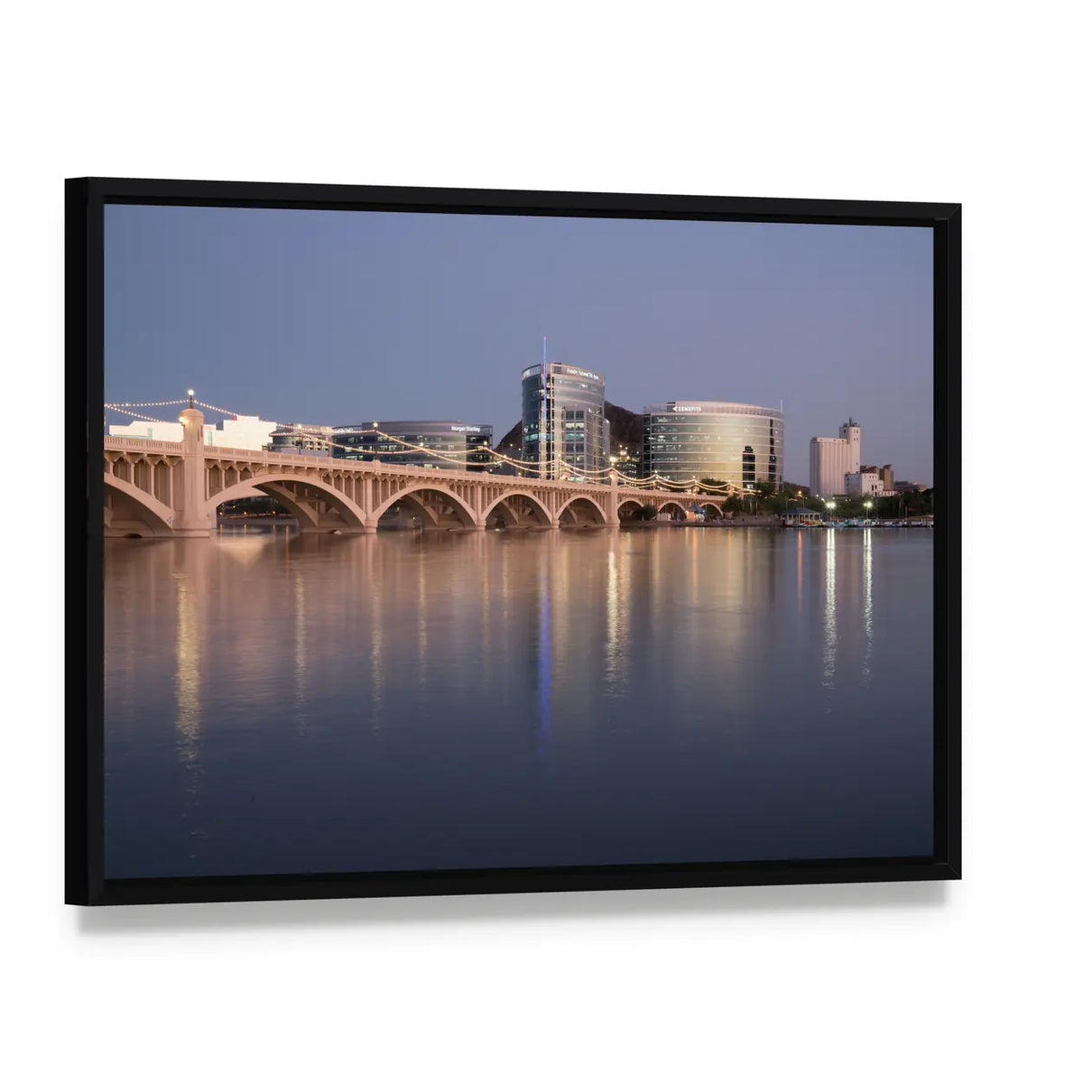 Salt River at Tempe Town Lake Canvas Wall Art, framed canvas in a black floater frame, angled product view