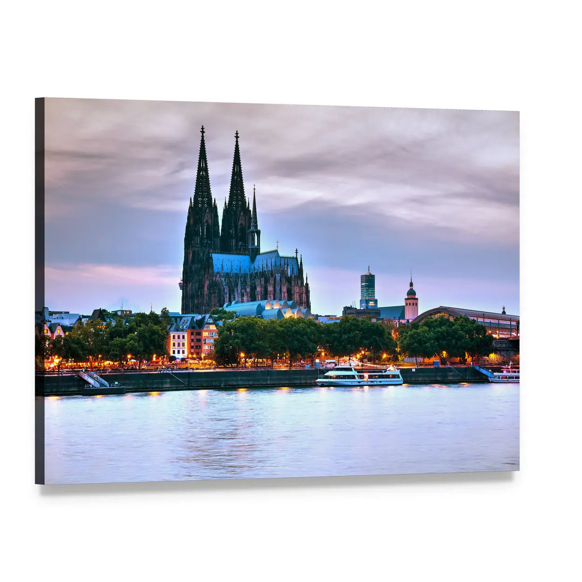 Cologne Cathedral and Rhine at Dusk Canvas Wall Art, single panel gallery wrapped canvas, angled product view