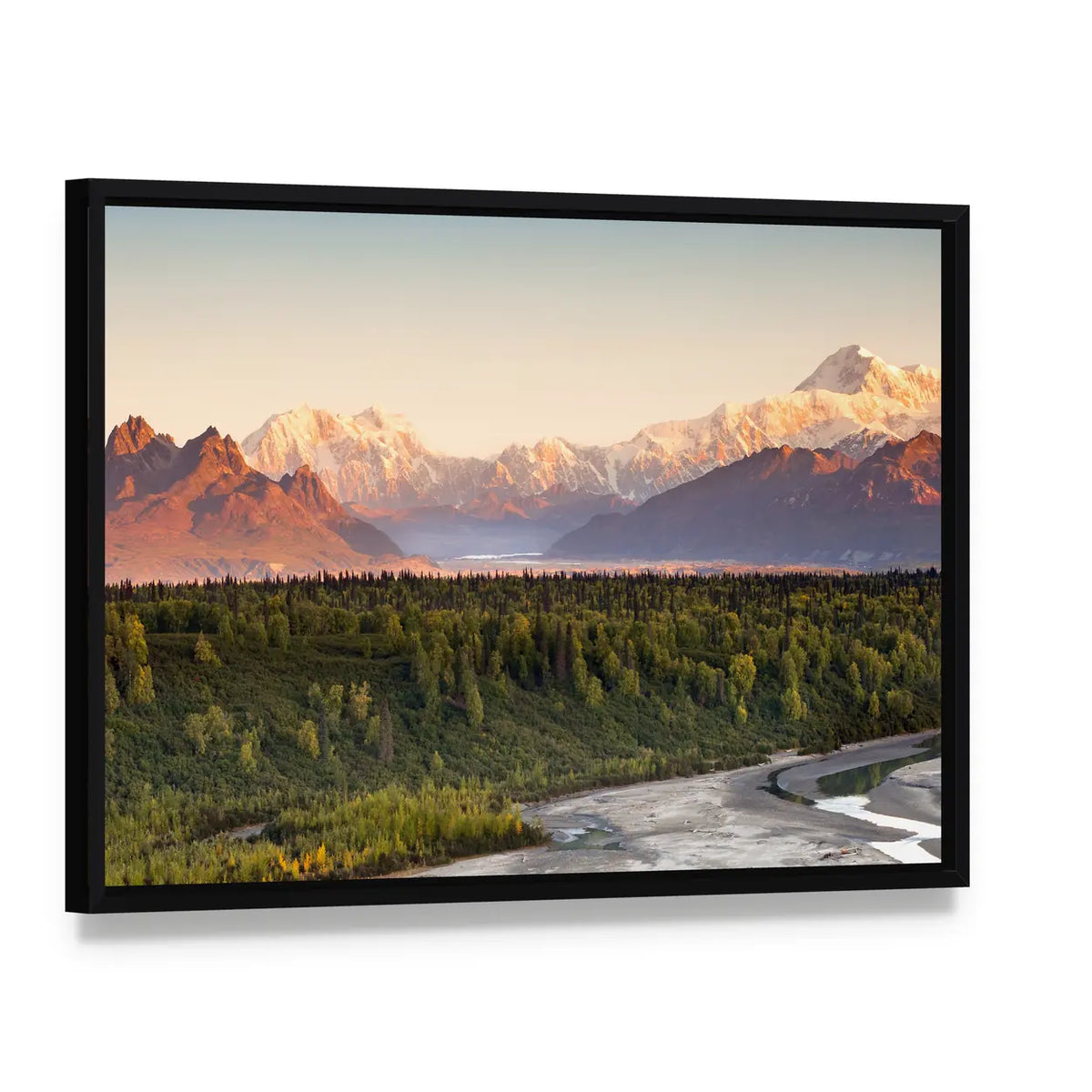 Denali Range And Mt McKinley In Alaska Canvas Wall Art, framed canvas in a black floater frame, angled product view