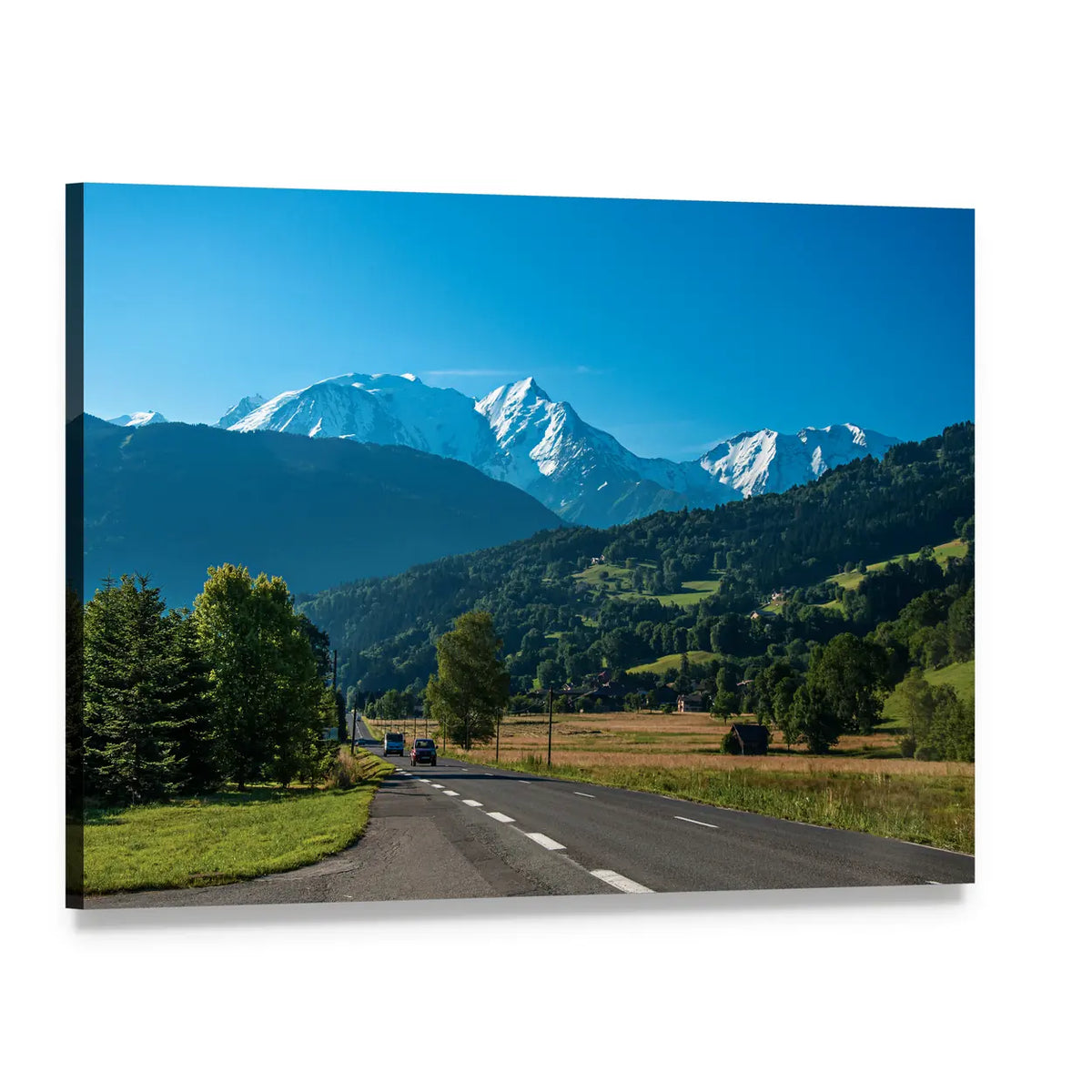 Winding Road Below Snow-capped Peaks Canvas Wall Art, single panel gallery wrapped canvas, angled product view