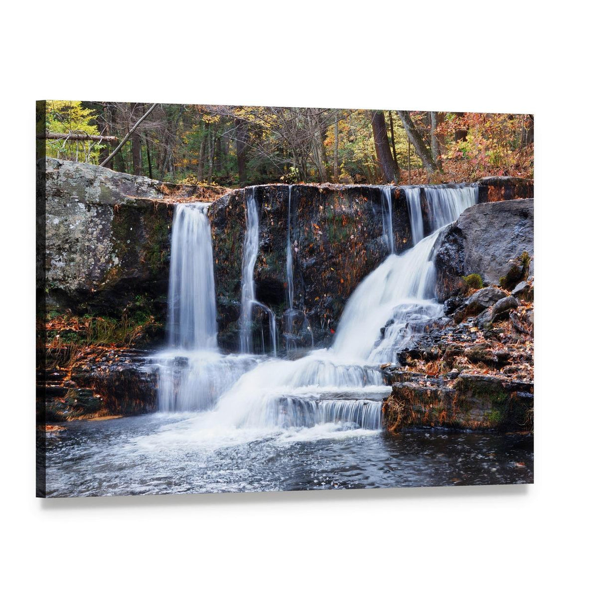 Autumn Waterfall Among Forest Trees Canvas Wall Art, single panel gallery wrapped canvas, angled product view