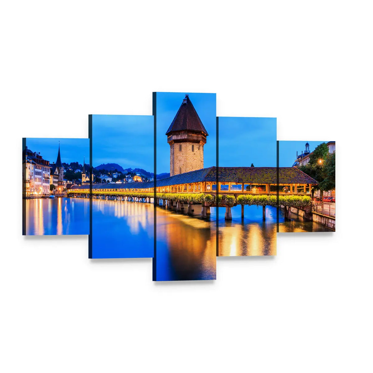 Chapel Bridge Lucerne Evening Canvas Wall Art, 5 panel 5 Star layout gallery wrapped canvas set, angled product view