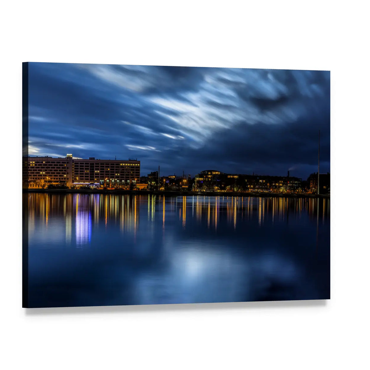 Riga Skyline with Night Reflections Canvas Wall Art, single panel gallery wrapped canvas, angled product view