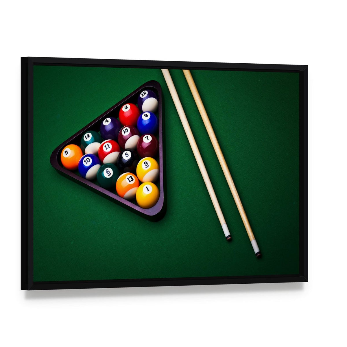 Snooker Table Canvas Wall Art, framed canvas in a black floater frame, angled product view