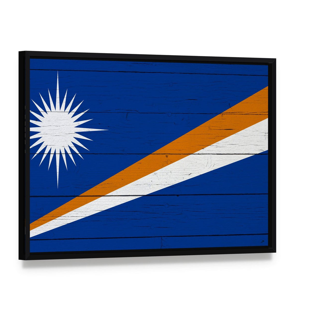 Marshall Islands Flag on Wooden Planks Canvas Wall Art, framed canvas in a black floater frame, angled product view