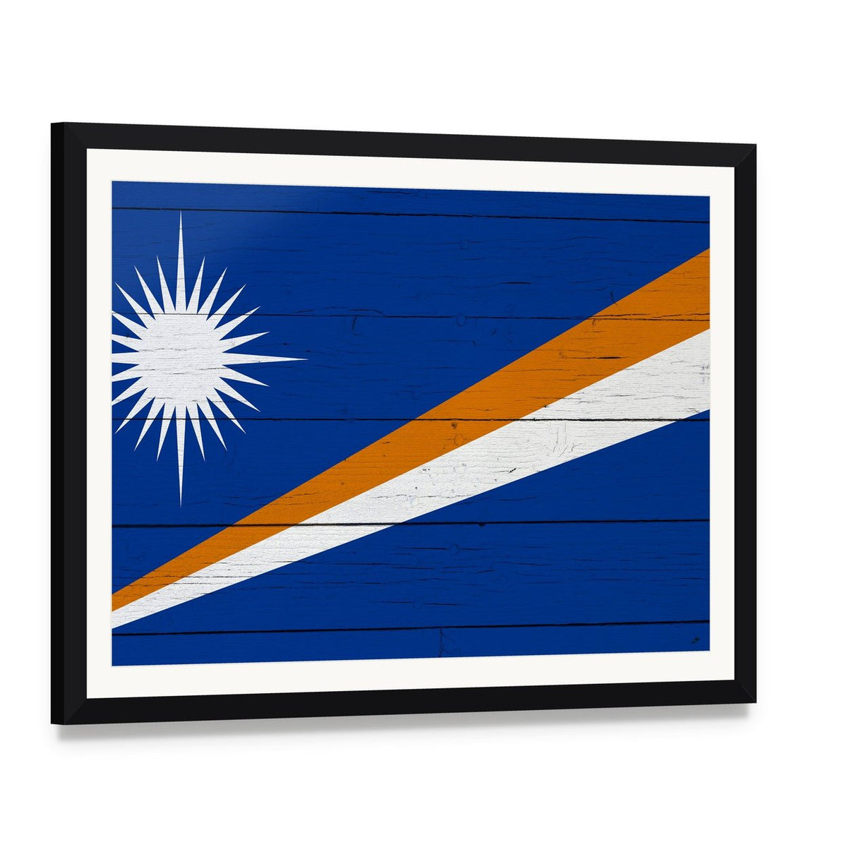 Marshall Islands Flag on Wooden Planks Canvas Wall Art, framed print with white mat and black frame, angled product view