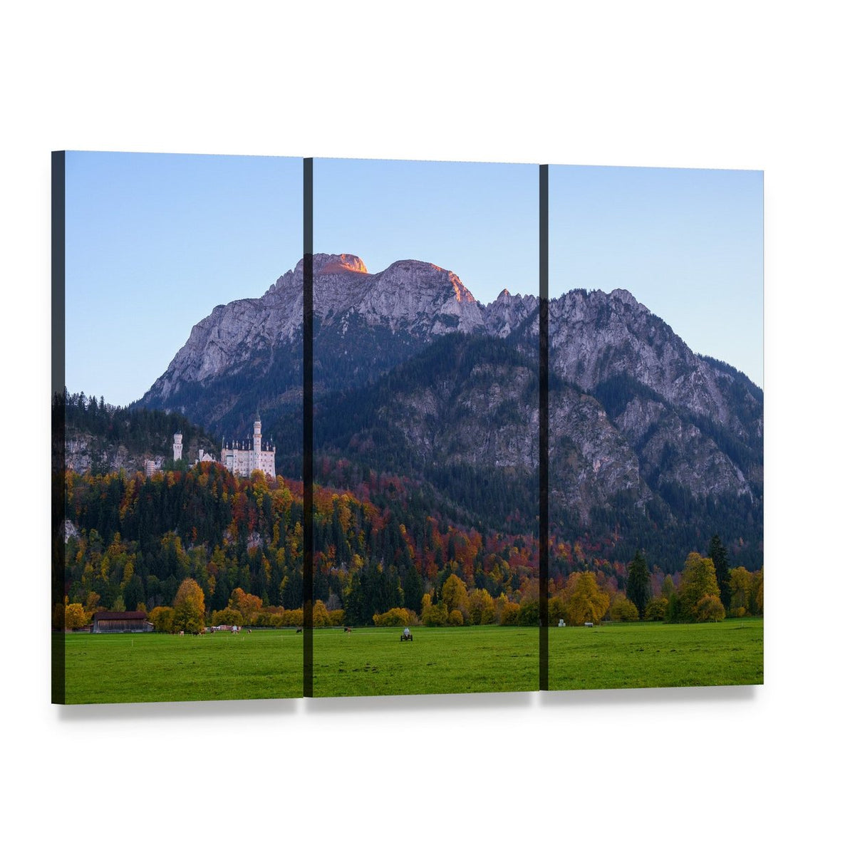 Neuschwanstein Castle in Autumn Light Canvas Wall Art, 3 panel 3 Horizontal layout gallery wrapped canvas set, angled product view