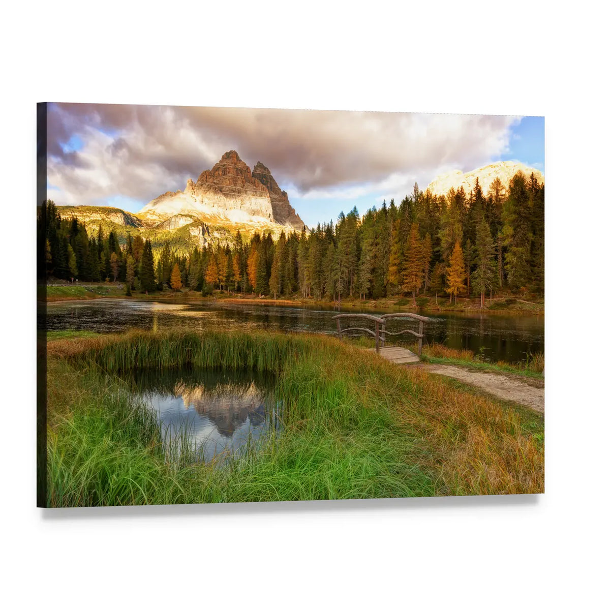 Alps Peak Reflection in Lake Canvas Wall Art, single panel gallery wrapped canvas, angled product view