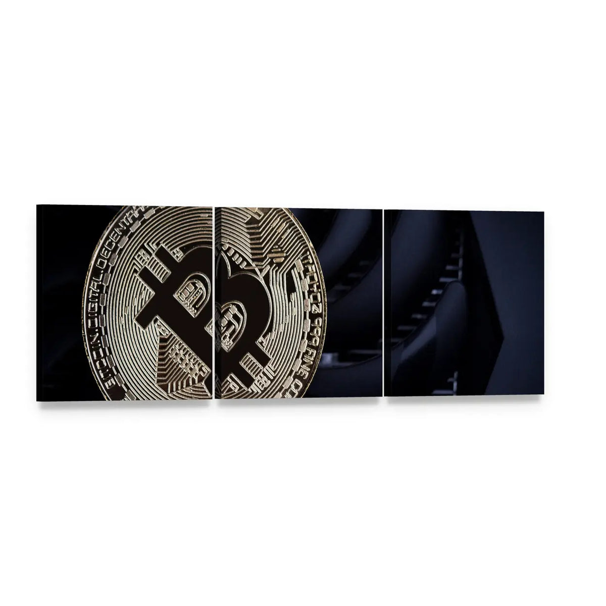 Bitcoin Coin Close-up with Circuitry Panoramic Canvas Wall Art, 3 panel 3 Piece layout gallery wrapped canvas set, angled product view