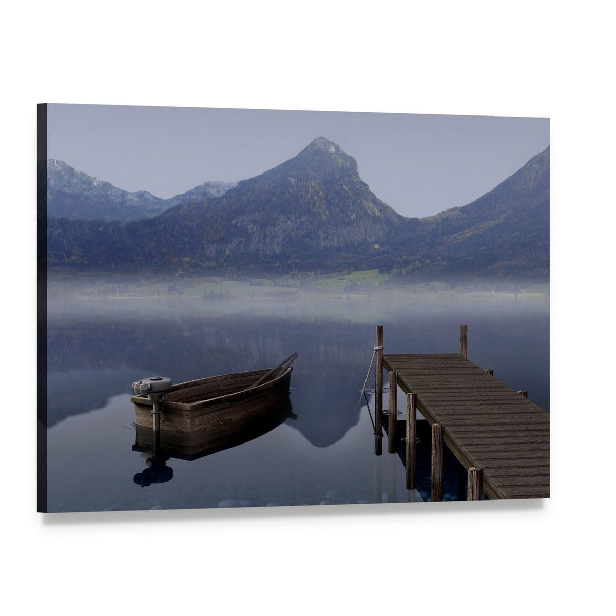 Wooden Rowboat on Placid Lake Canvas Wall Art, single panel gallery wrapped canvas, angled product view