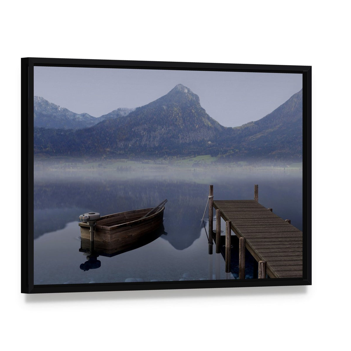 Wooden Rowboat on Placid Lake Canvas Wall Art, framed canvas in a black floater frame, angled product view