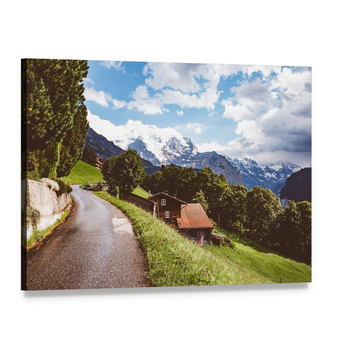 Mountain Road Through Alpine Village Canvas Wall Art, single panel gallery wrapped canvas, angled product view