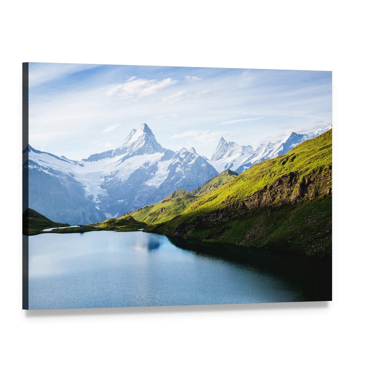 Snowy Mountain Lake with Green Hills Canvas Wall Art, single panel gallery wrapped canvas, angled product view