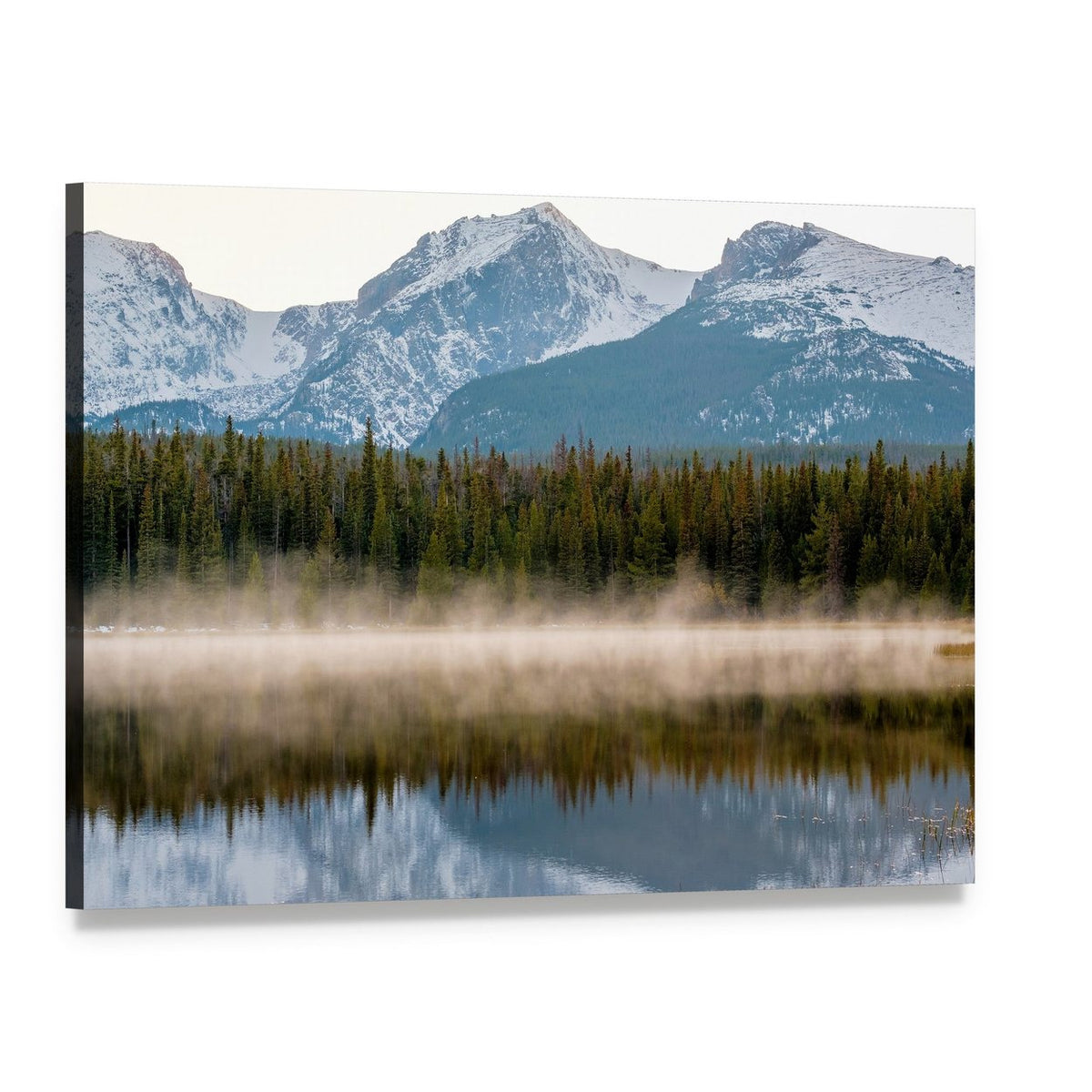 Misty Bierstadt Lake Reflection Canvas Wall Art, single panel gallery wrapped canvas, angled product view