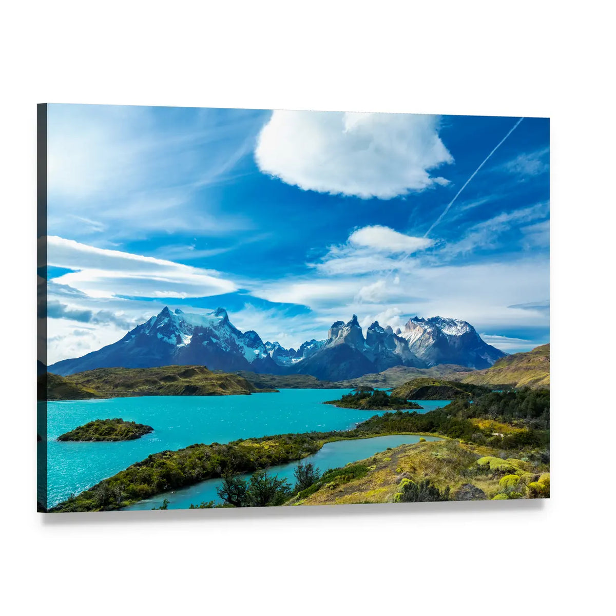 Pehoe Lake and Guernos Mountains Canvas Wall Art, single panel gallery wrapped canvas, angled product view