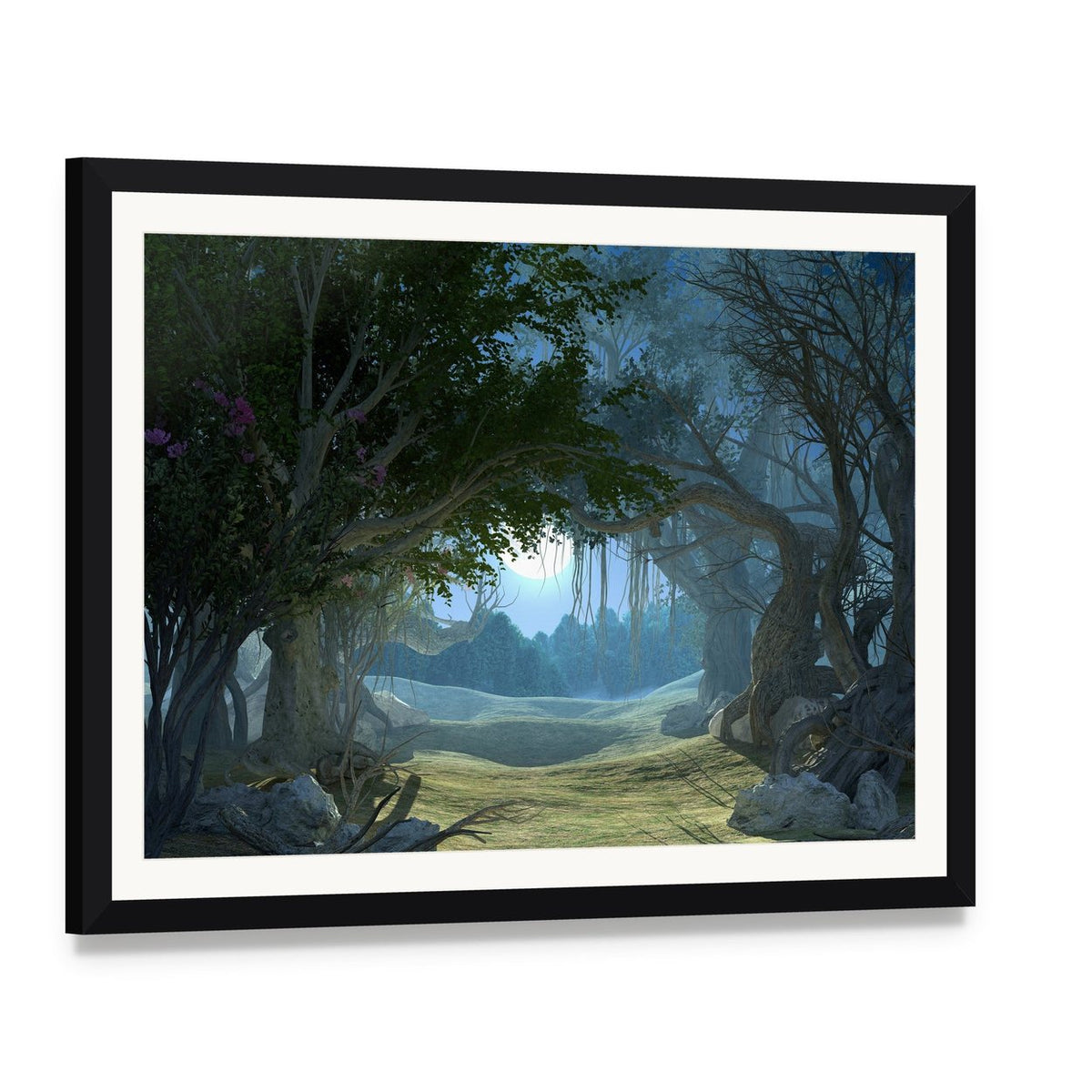 Enchanted Dark Forest Canvas Wall Art, framed print with white mat and black frame, angled product view