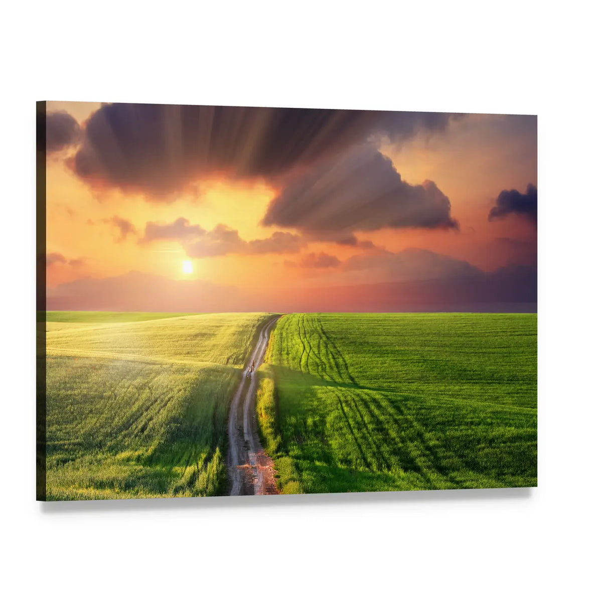 Dirt Road at Sunset Over Green Fields Canvas Wall Art, single panel gallery wrapped canvas, angled product view