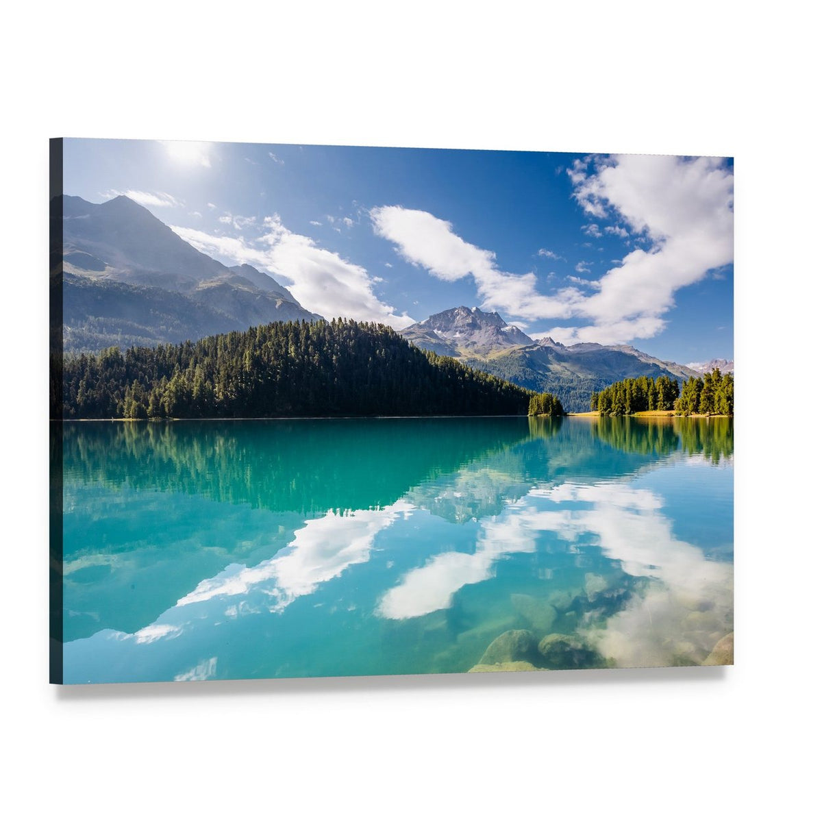 Silvaplana Lake with Mountain Reflections Canvas Wall Art, single panel gallery wrapped canvas, angled product view