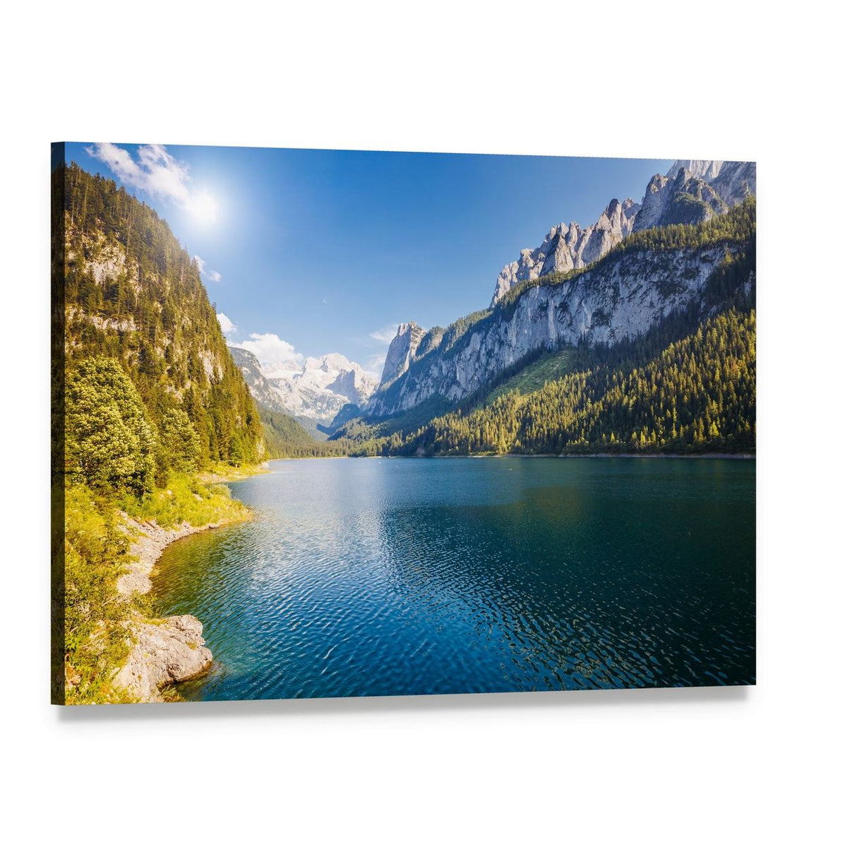 Azure Alpine Lake with Forested Mountains Canvas Wall Art, single panel gallery wrapped canvas, angled product view