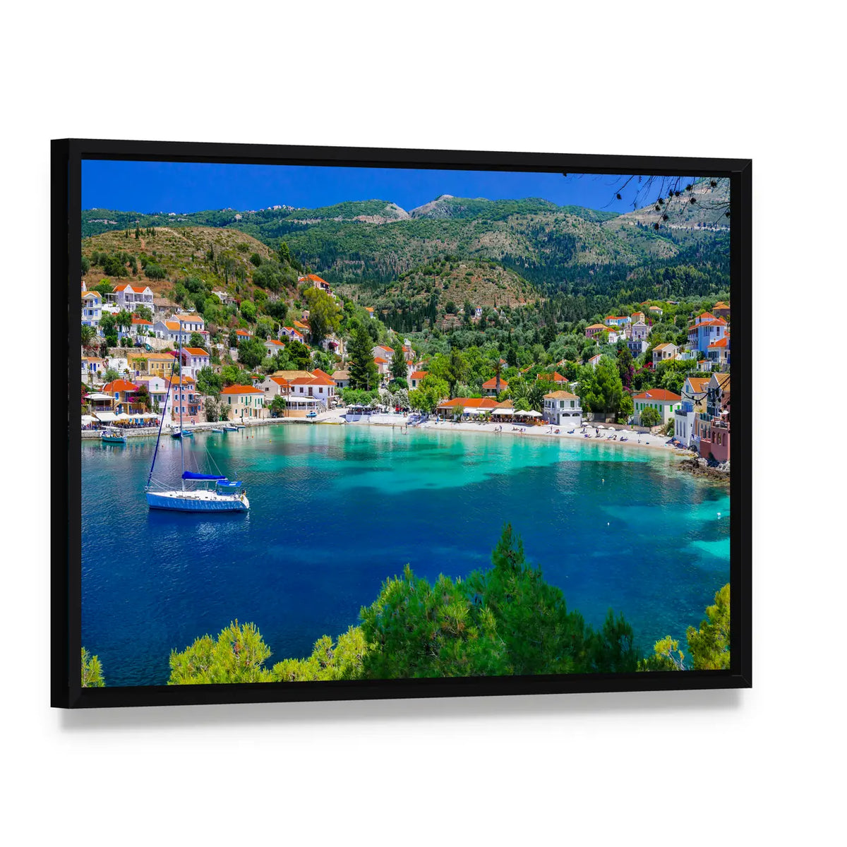 Assos Village, Greece Canvas Wall Art, framed canvas in a black floater frame, angled product view