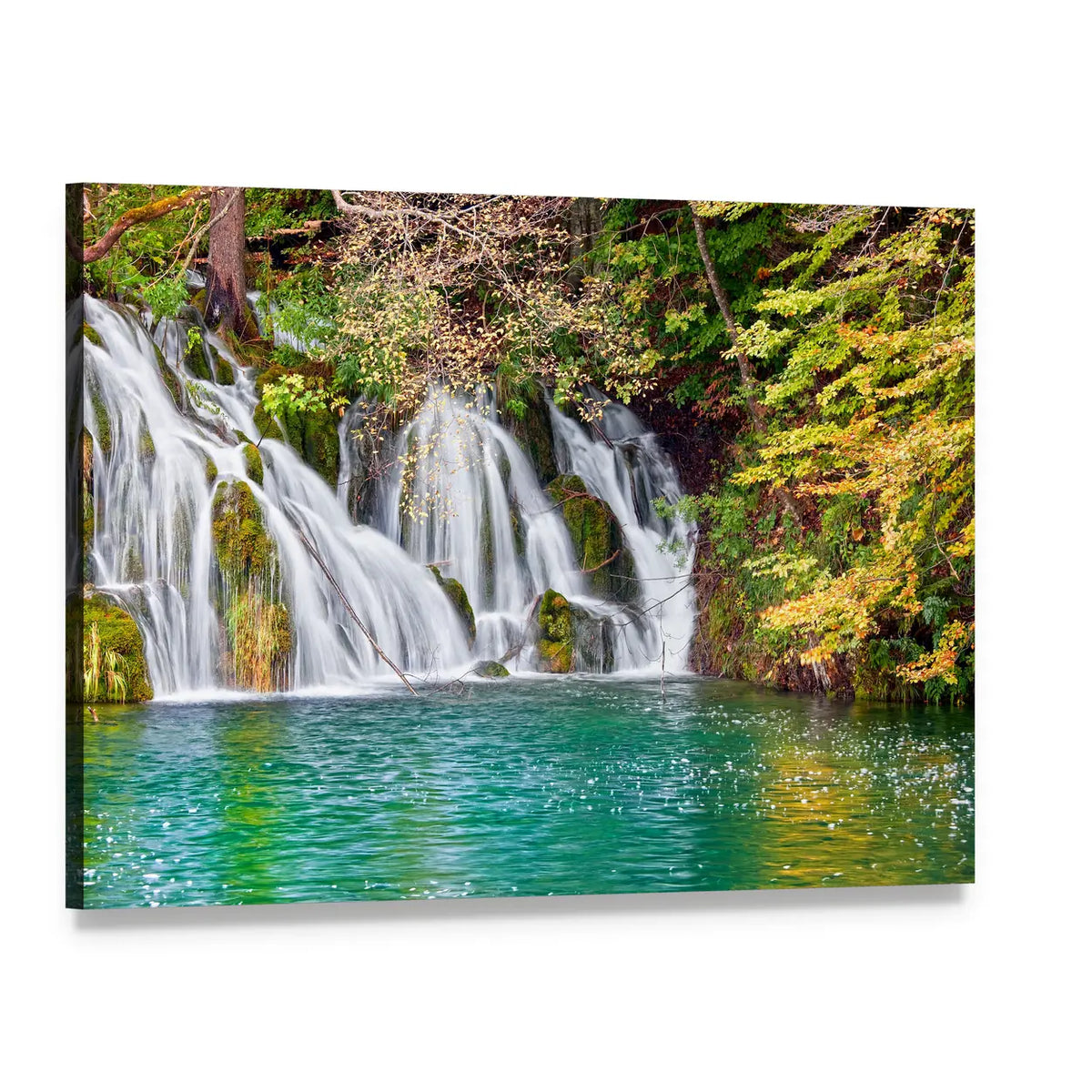 Forest Waterfall with Turquoise Pond Canvas Wall Art, single panel gallery wrapped canvas, angled product view
