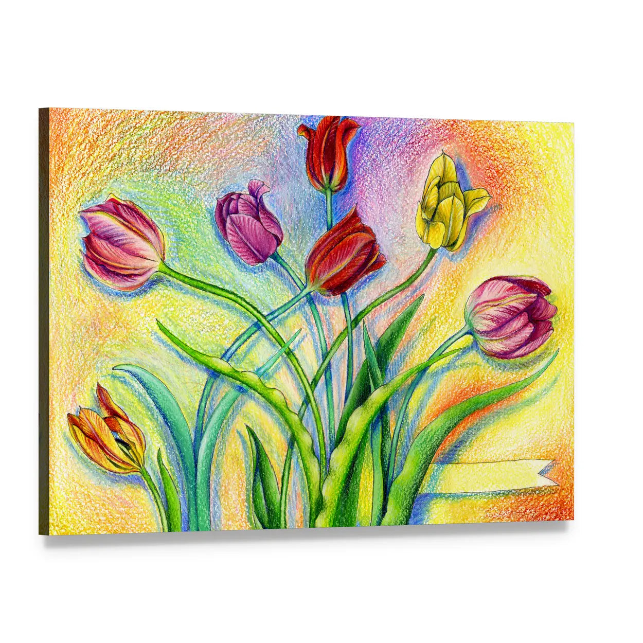 Multicolor Pencil Tulip Bouquet Canvas Wall Art, single panel gallery wrapped canvas, angled product view