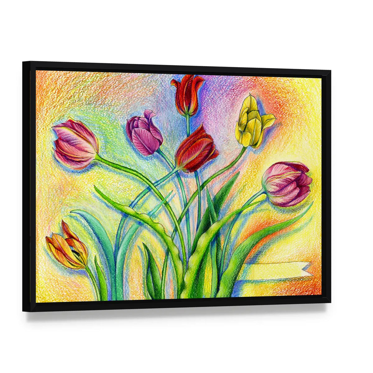 Multicolor Pencil Tulip Bouquet Canvas Wall Art, framed canvas in a black floater frame, angled product view