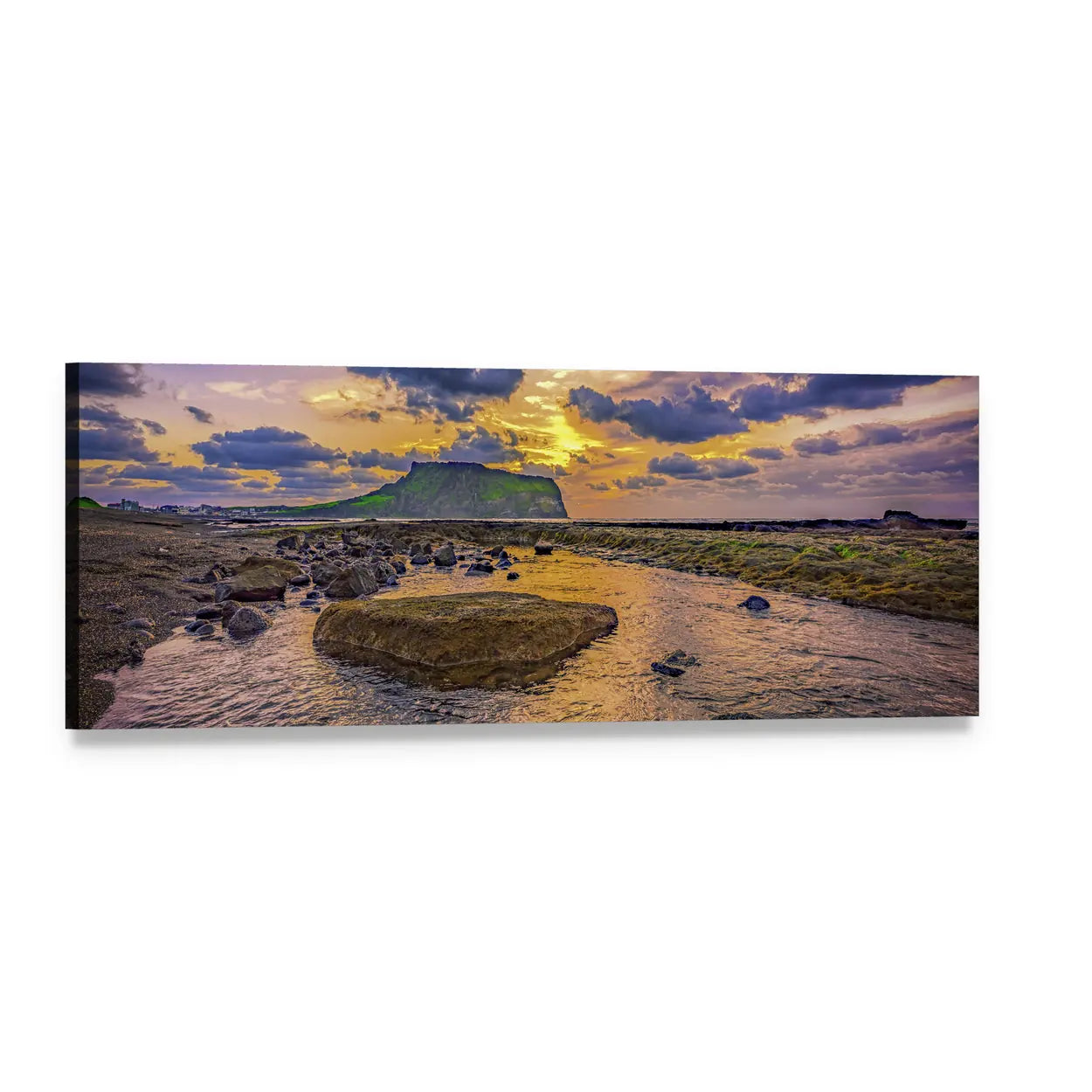 Jeju Island Sunset Over Rocky Shore Panoramic Canvas Wall Art, single panel gallery wrapped canvas, angled product view