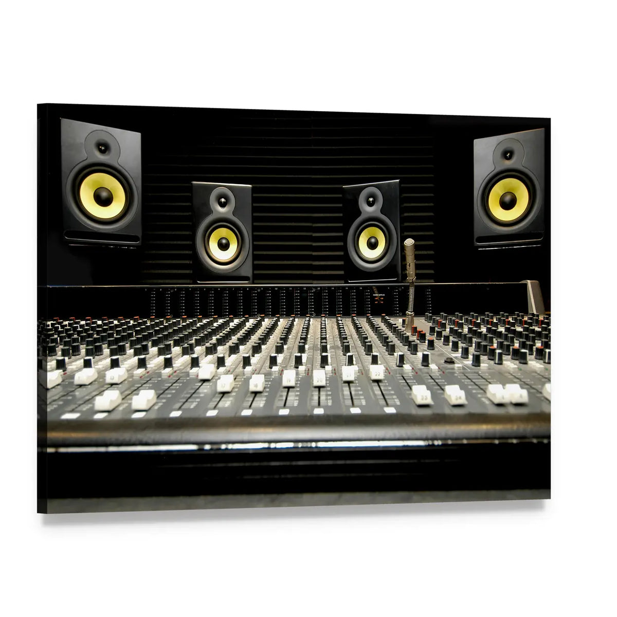 Studio Mixing Desk with Yellow Woofers Canvas Wall Art, single panel gallery wrapped canvas, angled product view