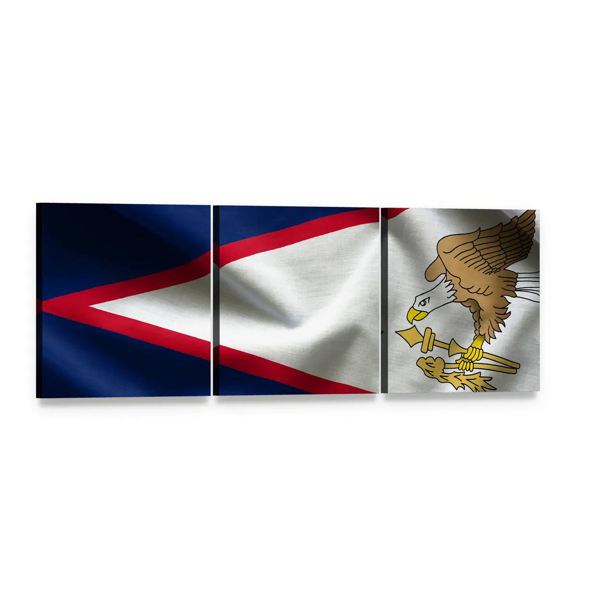 American Samoa Flag with Bald Eagle Panoramic Canvas Wall Art, 3 panel 3 Piece layout gallery wrapped canvas set, angled product view
