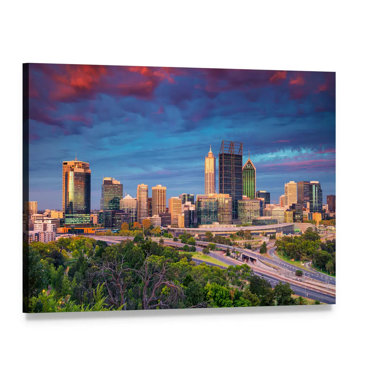 City Skyline at Sunset Canvas Wall Art, single panel gallery wrapped canvas, angled product view