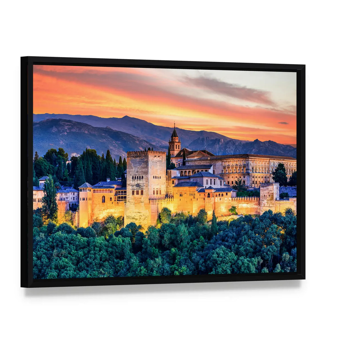 Alhambra Fortress At Sunset Canvas Wall Art, framed canvas in a black floater frame, angled product view