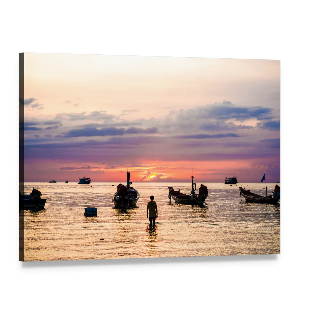 Sunset Over Longtail Boats and Silhouette Canvas Wall Art, single panel gallery wrapped canvas, angled product view