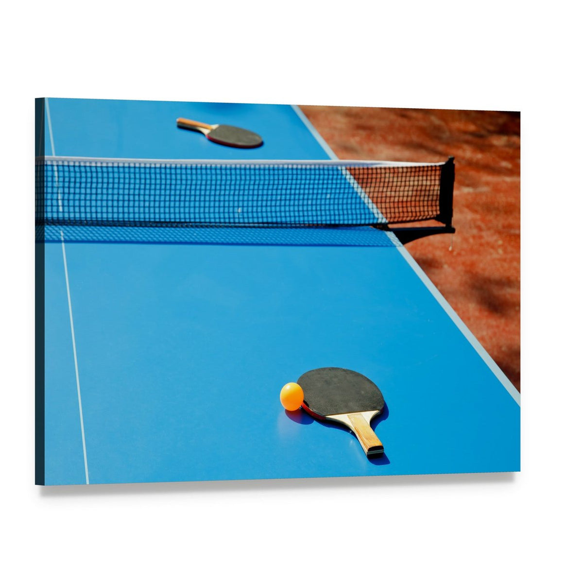 Ping Pong Ball with Paddle on Tennis Table Canvas Wall Art, single panel gallery wrapped canvas, angled product view