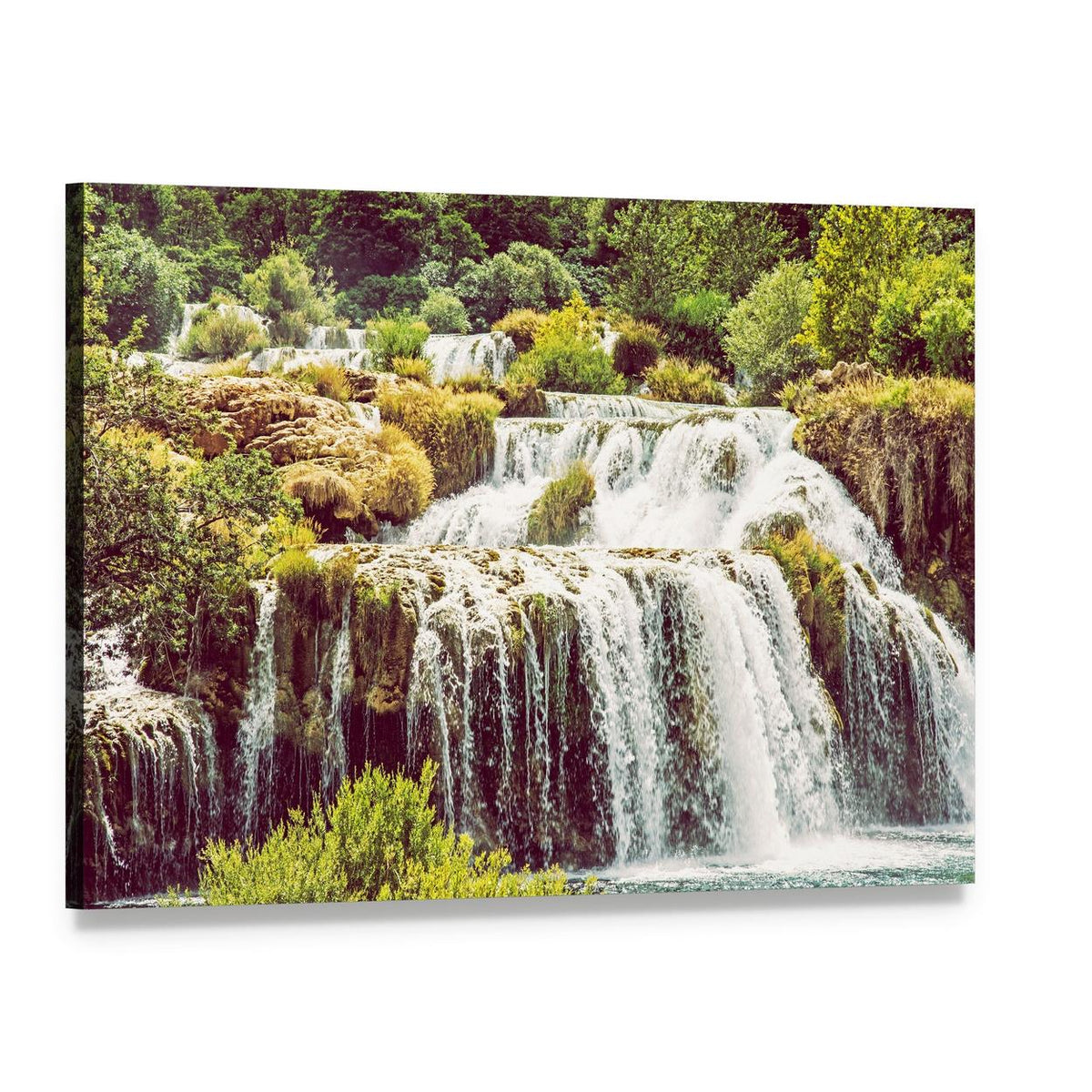 Krka Waterfalls Over Rocks and Lush Greenery Canvas Wall Art, single panel gallery wrapped canvas, angled product view
