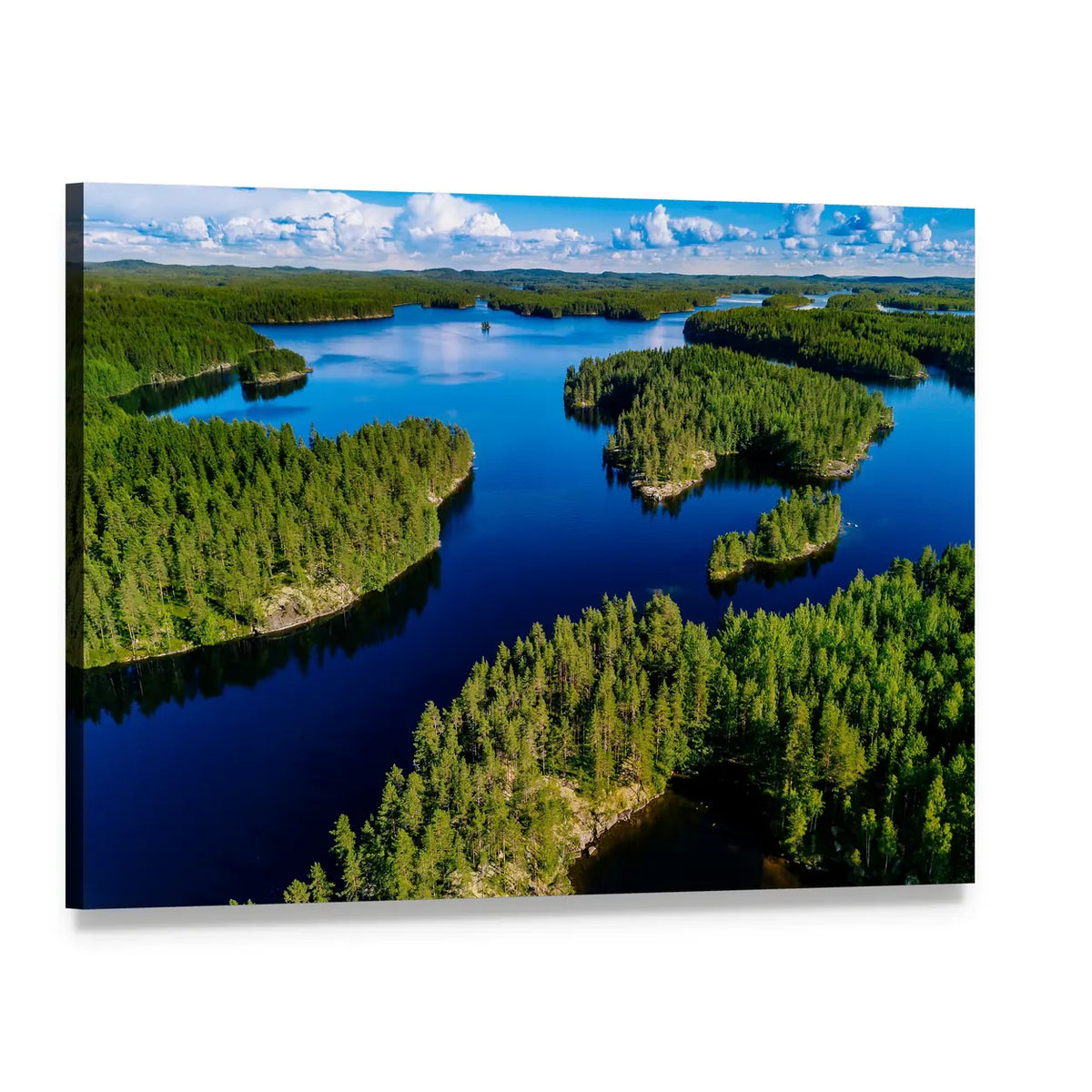 Blue Lake in Green Forest Canvas Wall Art, single panel gallery wrapped canvas, angled product view