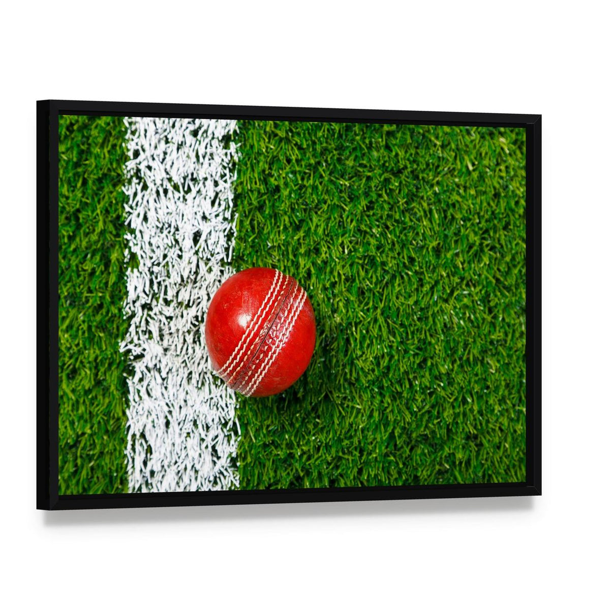 Cricket Ball on Grass Canvas Wall Art, framed canvas in a black floater frame, angled product view